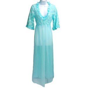 Vintage Peignoir Womens Medium Lace Ruffled Bell Sleeve Aqua Blue Romantic